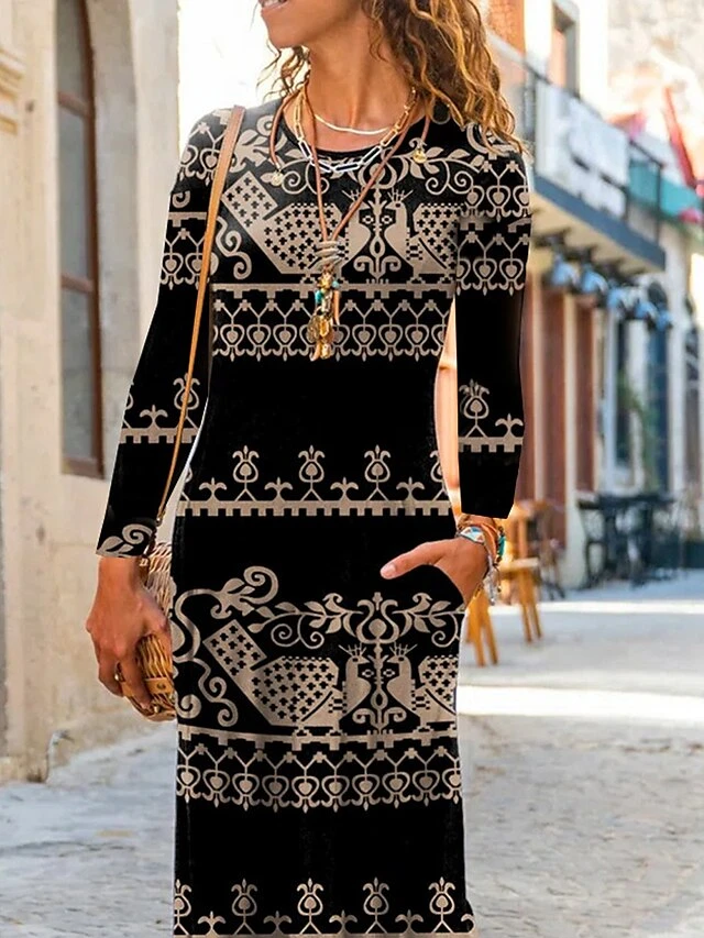 Women's Casual Dress Print Dress Floral Tribal Pocket Print Crew Neck Long Dress Maxi Dress Fashion Streetwear Outdoor Daily Long Sleeve Regular Fit Yellow Fall S M L XL XXL 2 Women's Casual Dress Print Dress Floral Tribal Pocket Print Crew Neck Long Dress Maxi Dress Fashion Streetwear Outdoor Daily Long Sleeve Regular Fit Yellow Fall S M L XL XXL - Image 2