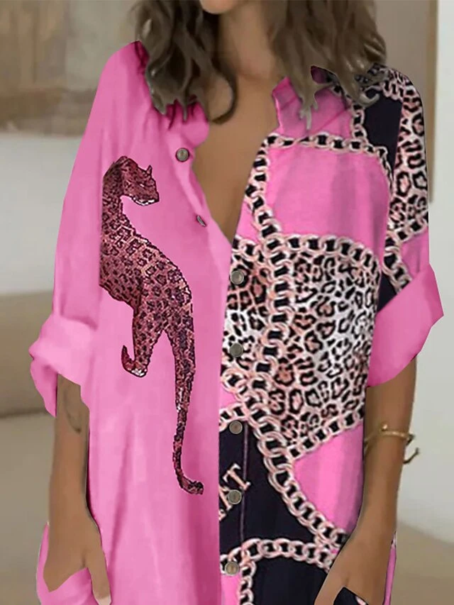 Women's Shirt Dress Casual Dress Shift Dress Mini Dress Outdoor Daily Date Polyester Basic Classic Shirt Collar Button Print Long Sleeve Spring Fall Winter 2023 Loose Fit Rose Red Animal S M L XL 2 Women's Shirt Dress Casual Dress Shift Dress Mini Dress Outdoor Daily Date Polyester Basic Classic Shirt Collar Button Print Long Sleeve Spring Fall Winter 2023 Loose Fit Rose Red Animal S M L XL - Image 2