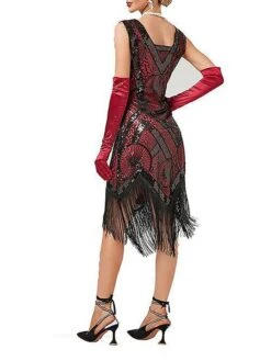 Women's Retro 1920s Fringe Dress Midi Dress Party Halloween Sequins Tassel Fringe Geometric V Neck Sleeveless Regular Fit Spring Fall 2023 Black Red XS S M L -Casual Print Dress Sales zxfirl1692947260651