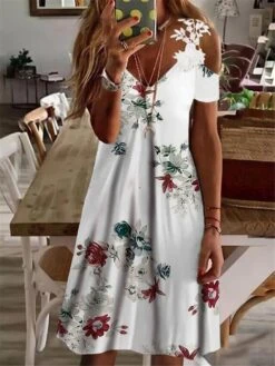 Women's Casual Dress Mini Dress White Purple Short Sleeve Animal Lace Summer Spring V Neck Vacation 2023 S M L XL XXL 3XL -Casual Print Dress Sales zxmzde1653546096544