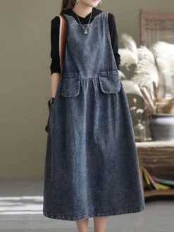 Women's Denim Dress Swing Dress Denim Overall Pinafore Dress Maxi Long Dress Cotton Denim Casual Daily Holiday Vacation Crew Neck Pocket Sleeveless Summer Spring 2023 Loose Fit Black Blue Pure Color -Casual Print Dress Sales zxnzix1653381098208