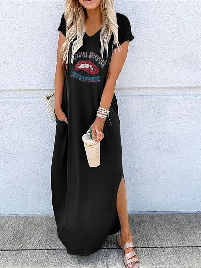 Women's Long Dress Maxi Dress Casual Dress T Shirt Dress Tee Dress Summer Dress Letter Casual Modern Outdoor Daily Weekend Split Print Short Sleeve V Neck Dress Regular Fit Black White Blue Spring 3 Women's Long Dress Maxi Dress Casual Dress T Shirt Dress Tee Dress Summer Dress Letter Casual Modern Outdoor Daily Weekend Split Print Short Sleeve V Neck Dress Regular Fit Black White Blue Spring - Image 3