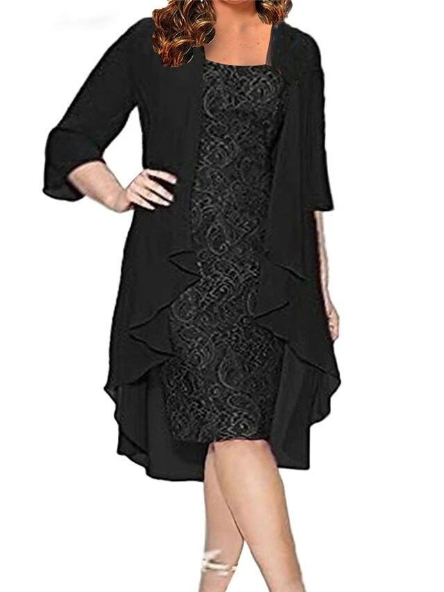 Women‘s Plus Size Curve Dress Set Solid Color Strap 3/4 Length Sleeve Spring Fall Elegant Formal Midi Dress Formal Office Dress 2 Women‘s Plus Size Curve Dress Set Solid Color Strap 3/4 Length Sleeve Spring Fall Elegant Formal Midi Dress Formal Office Dress - Image 2