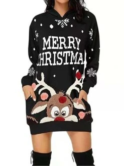 Women‘s Christmas Casual Dress Hoodie Dress Mini Dress Fashion Daily Outdoor Vacation V Neck Pocket Bell Regular Fit Black White Red S M L XL XXL -Casual Print Dress Sales zynvnp1694427867011