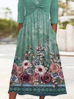 Women's Casual Dress A Line Dress Summer Dress Floral Color Block Ruched Pocket Crew Neck Midi Dress Active Fashion Outdoor Daily Half Sleeve Loose Fit White Green Summer Spring S M L XL XXL -Casual Print Dress Sales zzjmjp1680771042913