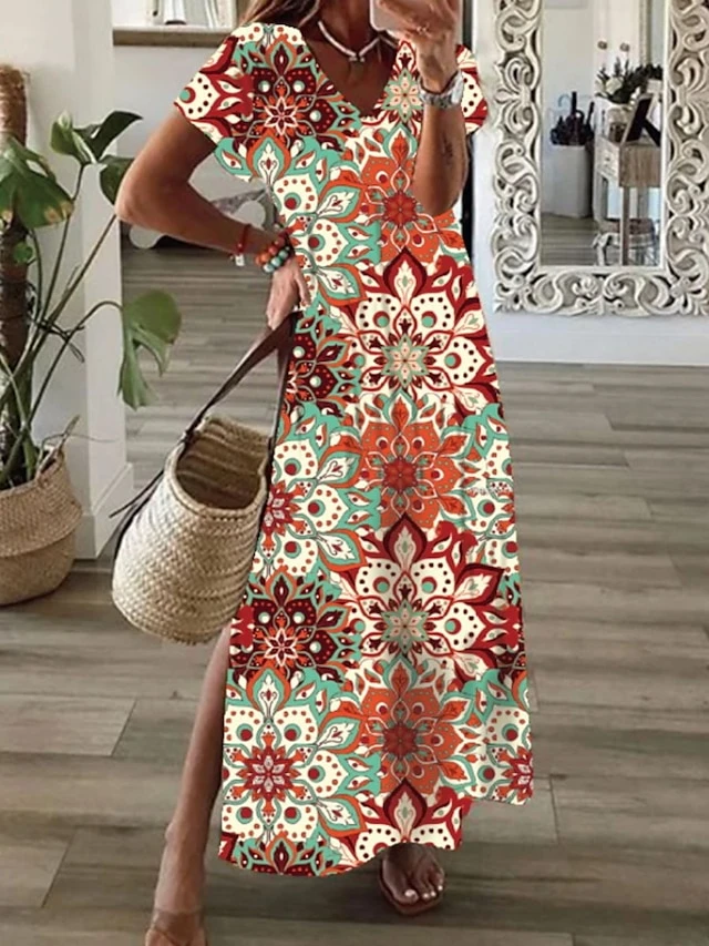 Women's Long Dress Maxi Dress Casual Dress Swing Dress Boho Dress Floral Tribal Modern Casual Daily Holiday Vacation Print Short Sleeve V Neck Dress Regular Fit Pink Red Orange Summer Spring S M L XL 2 Women's Long Dress Maxi Dress Casual Dress Swing Dress Boho Dress Floral Tribal Modern Casual Daily Holiday Vacation Print Short Sleeve V Neck Dress Regular Fit Pink Red Orange Summer Spring S M L XL - Image 2